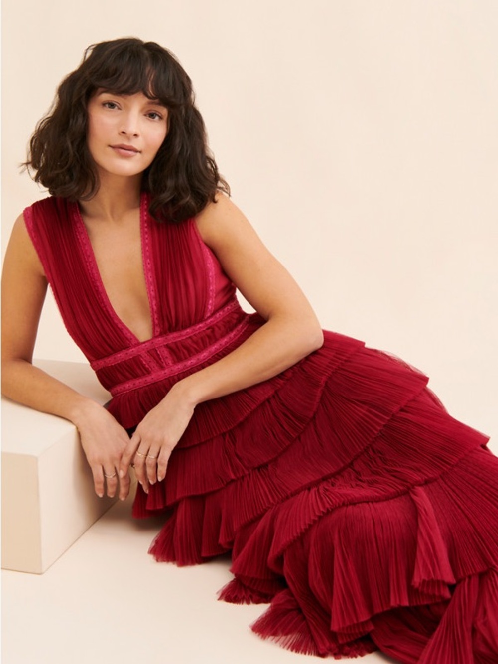 NWT Hutch Charley Deep-V Pleated Raspberry Tiered Tulle Maxi Dress Size 6P - Picture 7 of 13